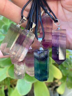 Natural Fluorite Point Pendant Necklace - Green & Purple